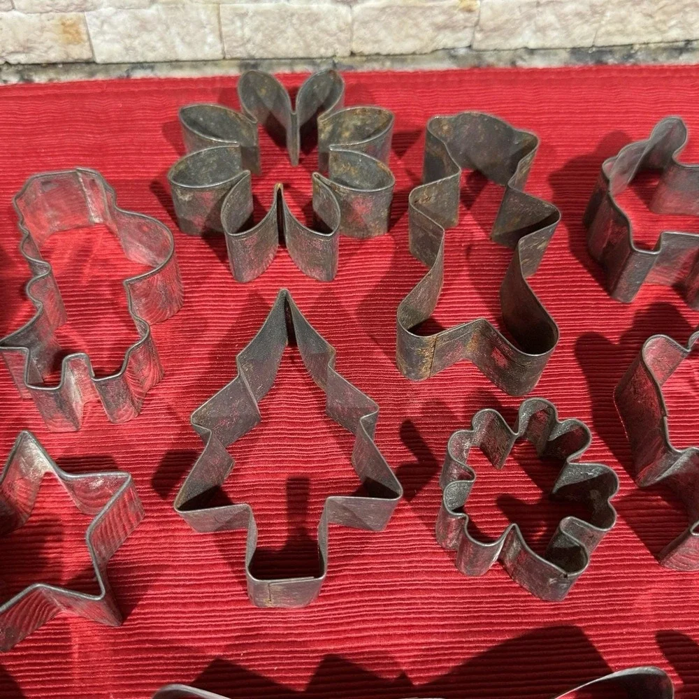 Antique Tin Old Metal Cookie Cutter Lot of 12 Folk Art‎ Kitchen Baking Holiday